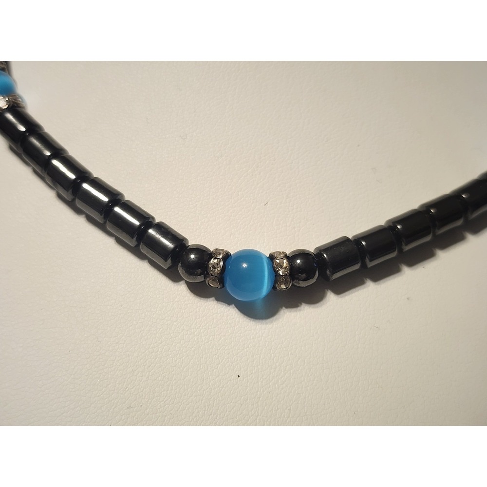 Hematite Style Beaded Necklace Blue Cat Eye Rhinestone Magnetic Clasp 17 Inch